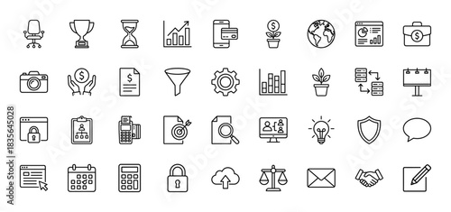 Business and finance line icon set. Vector pictograms of graph, money, calendar, calculator, and shield, thin outline illustration.