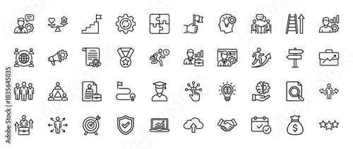 Business and career development line icon set. Vector pictograms of success, strategy, finance, and teamwork, thin outline illustration.