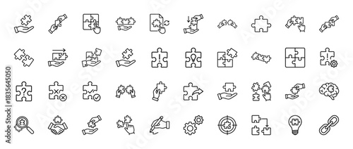 Business solution line icon set. Vector pictograms of puzzle pieces, collaboration, problem-solving, and strategy, thin outline illustration.