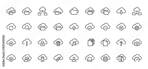 Cloud computing line icon set. Vector pictograms of data storage, upload, download, server, database, security, sync, network and folder, thin outline illustration.