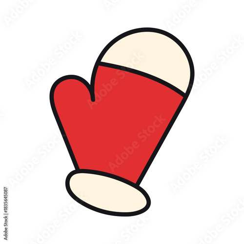 Red and cream winter mitten illustration with a simple outline, perfect for seasonal graphics and winter apparel designs