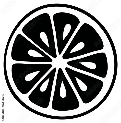 Stylized black and white vector icon of a fresh citrus fruit slice showing pulp segments