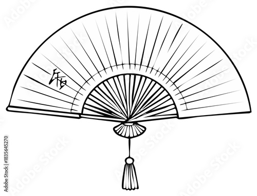 Ink drawing of a traditional folding fan with Chinese calligraphy