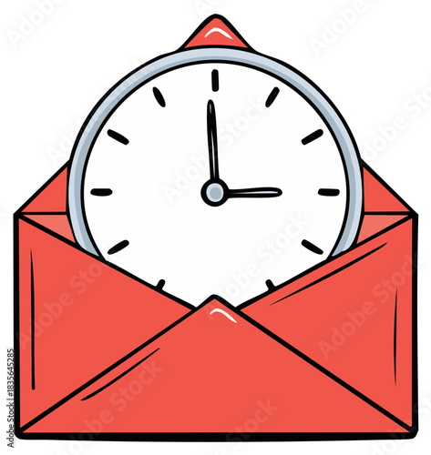 Clock Inside Red Envelope, Time Management Concept Illustration
