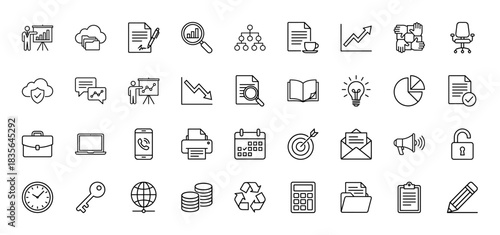 Business and finance line icon set. Vector pictograms of charts, documents, cloud storage, and office tools, thin outline illustration.