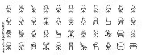 Office furniture icon set. Vector pictograms of task chairs, ergonomic seats, stools, armchairs, and waiting benches, thin outline illustration.