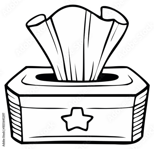 Simple line art illustration of a cartoon tissue box with a star emblem