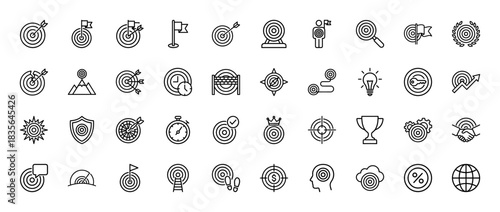Business and management line icon set. Vector pictograms of targets, goals, achievements, and aspirations, thin outline illustration.