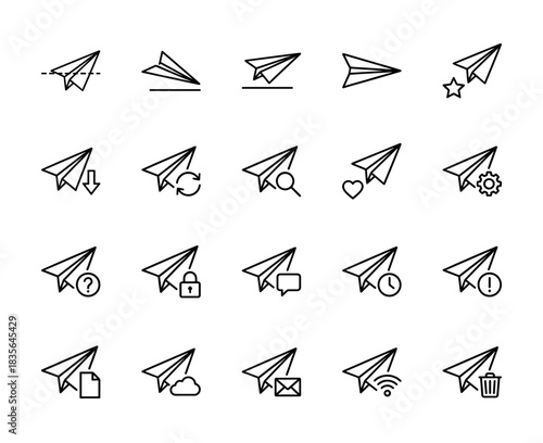 Paper plane line icon set. Vector pictograms of flight, send, landing, chat, cloud, email envelope, settings gear, security lock, trash and wifi, thin outline illustration.