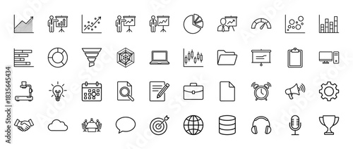 Business and data analysis line icon set. Vector pictograms of charts, presentation, computer, document, and data storage, thin outline illustration.