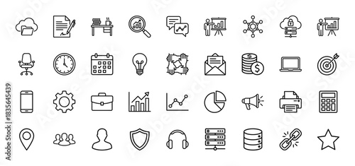 Business and finance line icon set. Vector pictograms of document, chart, data, computer, security, and communication, thin outline illustration.
