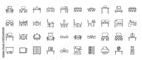 Business office and furniture line icon set. Vector pictograms of desks, chairs, meeting tables, and computers, thin outline illustration.