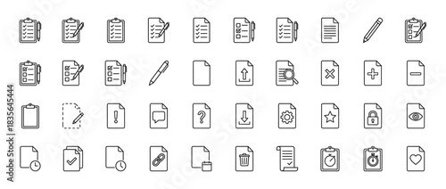Document management line icon set. Vector pictograms of checklist, paper, file upload, search, and edit features, thin outline illustration.