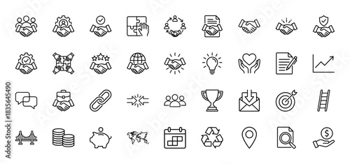 Business and partnership line icon set. Vector pictograms of handshake, agreement, deal, team, and success, thin outline illustration.