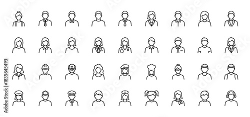 People and occupations line icon set. Vector pictograms of diverse professional and casual avatars, thin outline illustration.