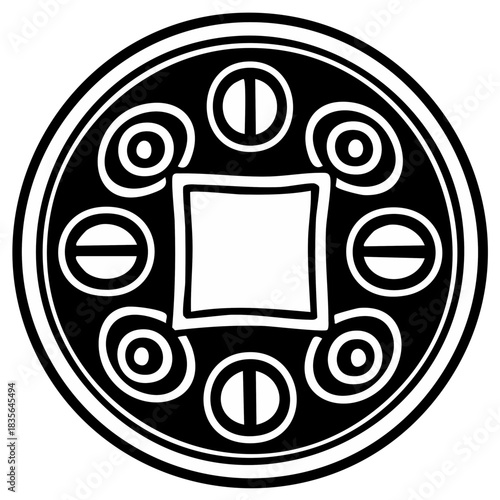 Traditional Asian lucky coin symbol with square center hole abstract black and white design