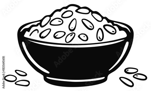 Bowl full of beans illustration in black and white with beans spill on the side.