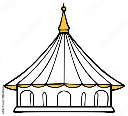Hand drawn line art illustration of a festive tent or pavilion building with golden details