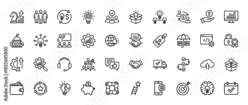 Business and management line icon set. Vector pictograms of teamwork, strategy, finance, and innovation, thin outline illustration.