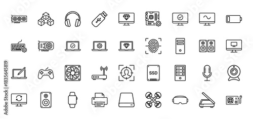 Technology and hardware line icon set. Vector pictograms of computers, peripherals, components, and gadgets, thin outline illustration.