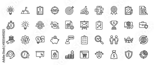 Business and management line icon set. Vector pictograms of target, strategy, finance, idea, and growth, thin outline illustration.