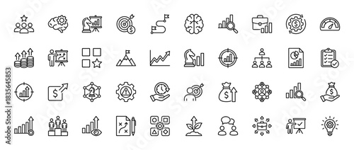 Business strategy and management line icon set. Vector pictograms of teamwork, goals, analysis, charts, and growth, thin outline illustration.