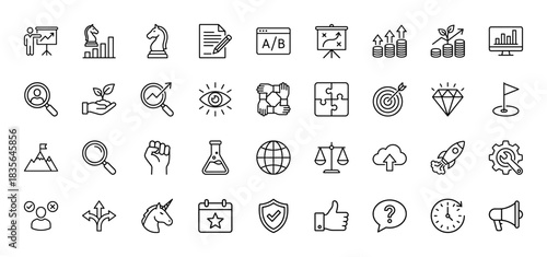 Business and strategy line icon set. vector pictograms of presentation, growth, teamwork, target, and achievement, thin outline illustration.