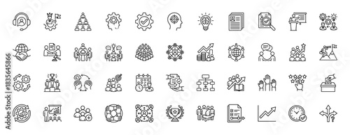 Business and management line icon set. Vector pictograms of teamwork, leadership, planning, and goal setting, thin outline illustration.