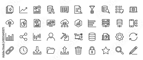 Data management line icon set. Vector pictograms of server, database, cloud storage, chart, analysis, and processing, thin outline illustration.