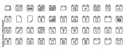 Calendar and date planning line icon set. Vector pictograms of clock, dollar, checkmark, pin, and setting, thin outline illustration.