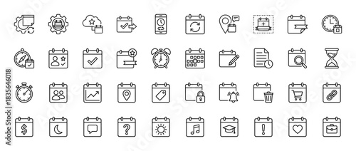 Calendar and schedule line icon set. Vector pictograms of clock, date, reminder, settings, time management, and event planning, thin outline illustration.
