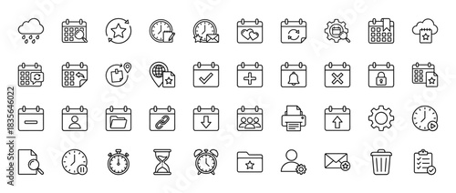 Date and time management line icon set. Vector pictograms of calendar, clock, weather, alarm, and folder, thin outline illustration.