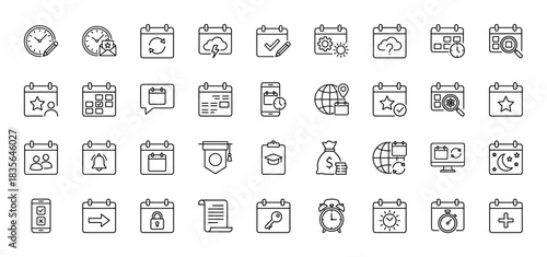 Time and scheduling line icon set. Vector pictograms of clock, calendar, reminder, event, and date management, thin outline illustration.