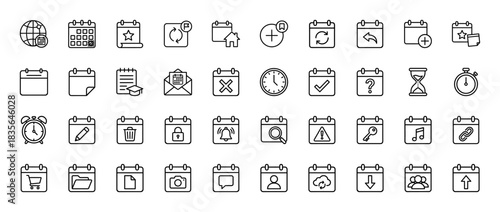 Planning and schedule line icon set. Vector pictograms of calendar, clock, alarm, time, and reminders, thin outline illustration.