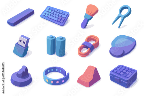 Keyboard rest dock accessories icons battery storage icon usb organizer vector pack