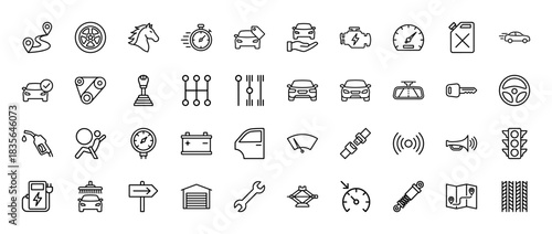 Automotive transport line icon set. Vector pictograms of car parts, vehicle maintenance, and driving essentials, thin outline illustration.
