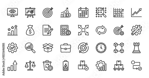 Business line icon set. Vector pictograms of growth, analytics, strategy, finance, and management, thin outline illustration.