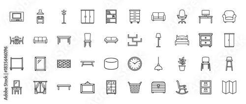 Furniture and home interiors line icon set. Vector pictograms of chairs, tables, beds, cabinets, and appliances, thin outline illustration.