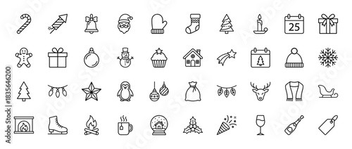 Christmas and winter holidays line icon set. Vector pictograms of santa, gingerbread, candy, sleigh, and tree, thin outline illustration.