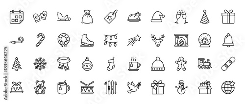 Holiday line icon set. Vector pictograms of gift, snowman, christmas tree, bell, fireplace, and calendar, thin outline illustration.