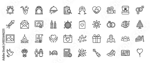 Wedding and marriage line icon set. Vector pictograms of rings, cake, camera, dress, and car, thin outline illustration.