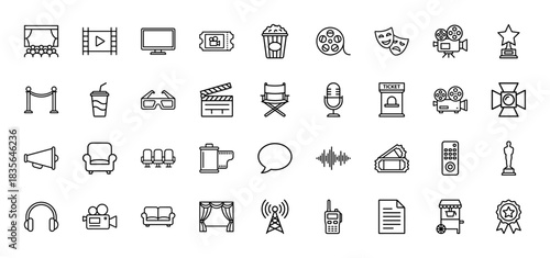 Entertainment line icon set. Vector pictograms of cinema stage, camera, movie ticket, popcorn, film reel, and spotlight, thin outline illustration.
