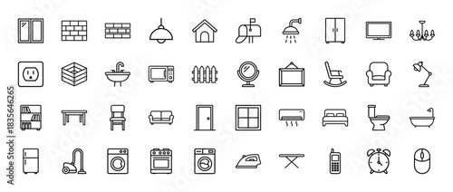 Home furniture and appliance line icon set. Vector pictograms of window, sofa, toilet, shower, television, and washing machine, thin outline illustration.
