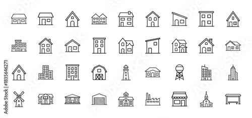 Architecture and real estate line icon set. Vector pictograms of houses, apartments, factory, church, and urban buildings, thin outline illustration.