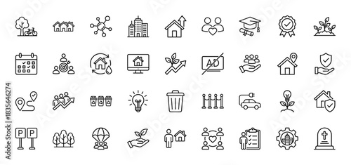 Real estate and smart city line icon set. Vector pictograms of house, building, tree, electric car, people, insurance, recycling, map, thin outline illustration.