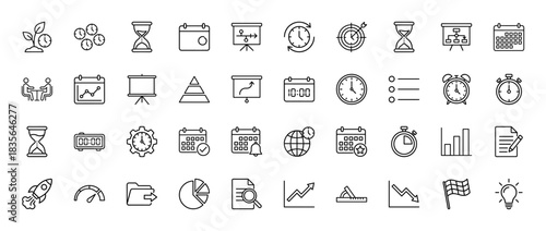 Business and time management line icon set. Vector pictograms of clock, calendar, hourglass, chart, and target, thin outline illustration.