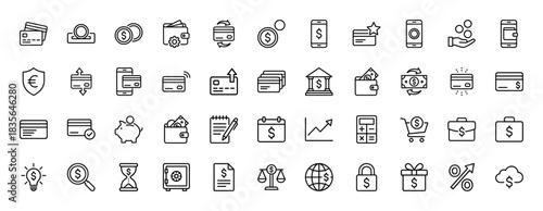 Finance and money line icon set. Vector pictograms of credit card, wallet, bank, payment, and currency, thin outline illustration.