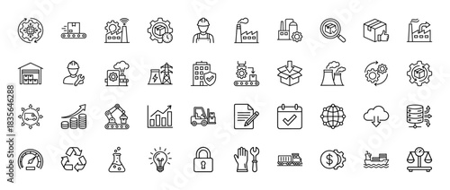 Industrial manufacturing and logistics line icon set. Vector pictograms of warehouse, conveyor, factory, and engineering gear, thin outline illustration.