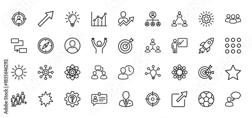 Business line icon set. Vector pictograms of target, growth, leadership, strategy, and teamwork, thin outline illustration.