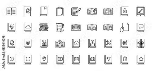 Education and digital media line icon set. Vector pictograms of book, checklist, notebook, camera, and map, thin outline illustration.